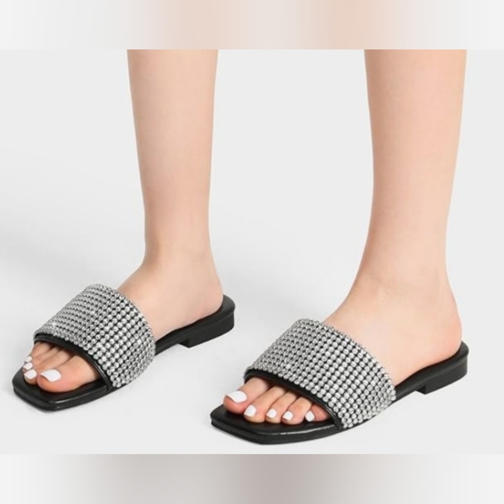 DREAM PAIRS Rhinestone Slip-on Square Open Toe Slides - Picture 2 of 5